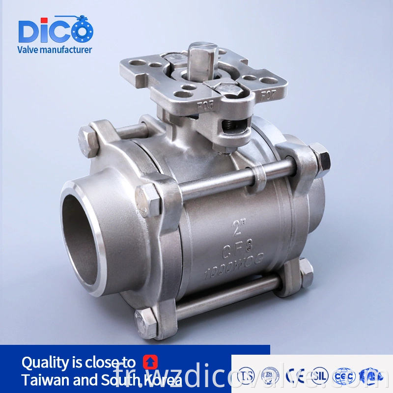 DICO Investment Casting Building Material Butt Weld End avec plate-forme haute plate-forme en acier inoxydable 3pc Valve à billes